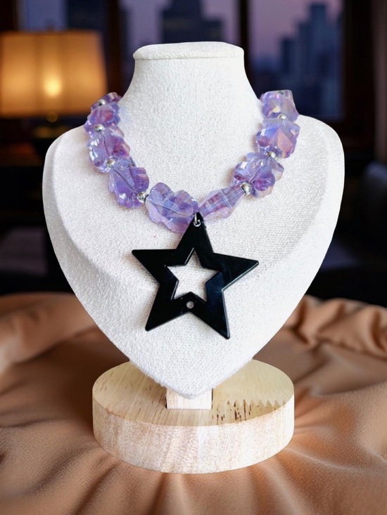 Foamorie Jewelry - One of a kind Lavender Beaded Necklace with Black Star Pendant - Women Jewelry